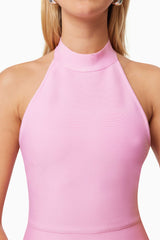 blonde model wearing Riley Backless Mini Dress In Pink close up shot