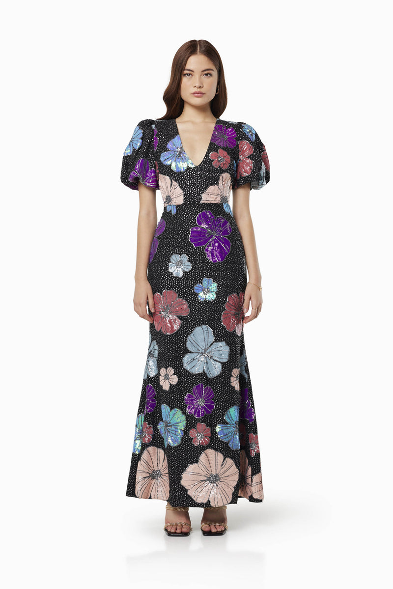 Model wearing MINKA FLORAL SEQUIN MAXI GOWN IN MULTI front shot