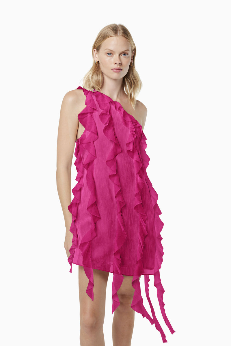 blonde model wearing Zoe textured sheer mini dress in pink front shot