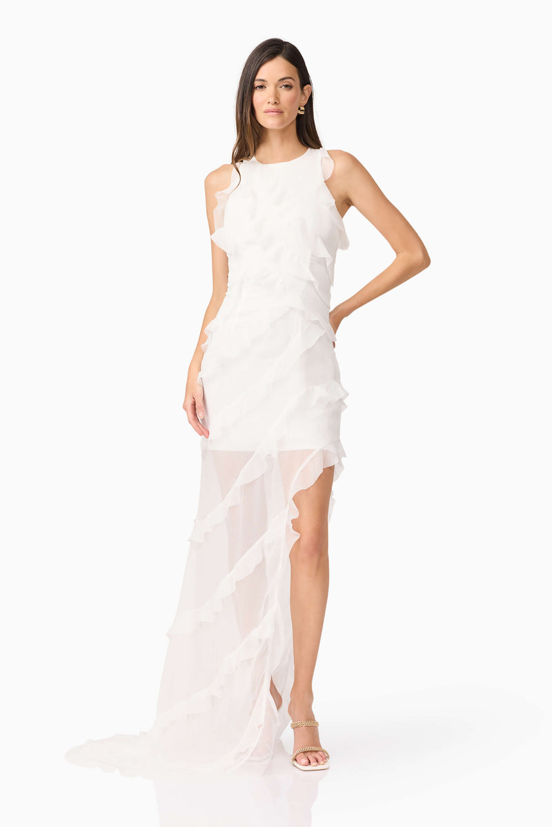 Brunette model wearing Celeana Textured Sheer Dress in White front shot