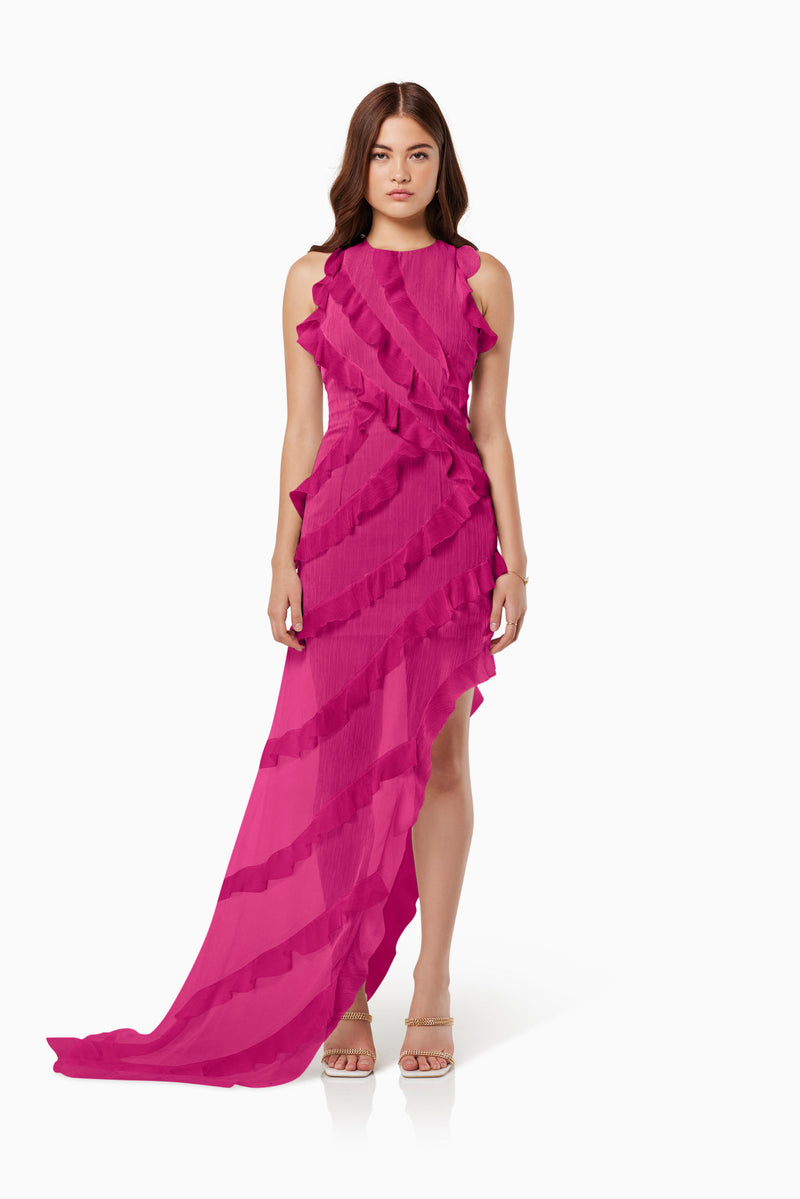 model wearing Debra textured draped sheer gown in pink front shot