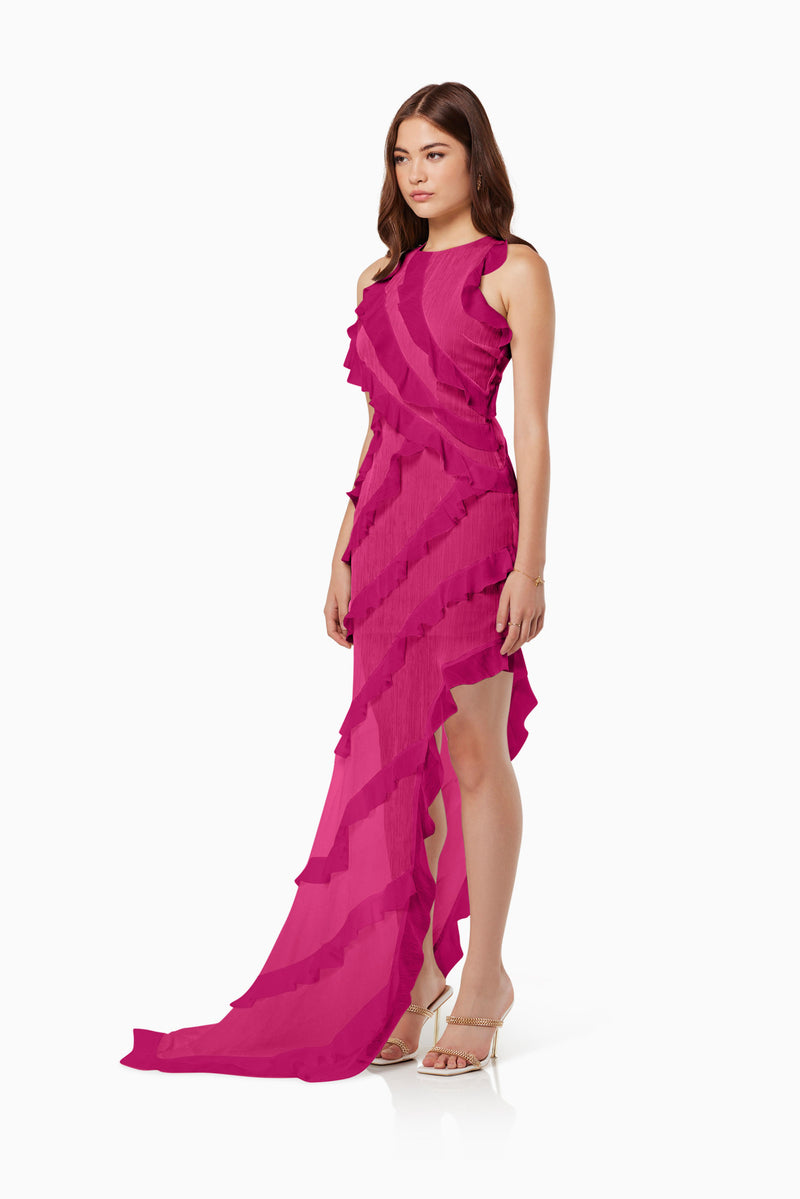 model wearing Debra textured draped sheer gown in pink side shot