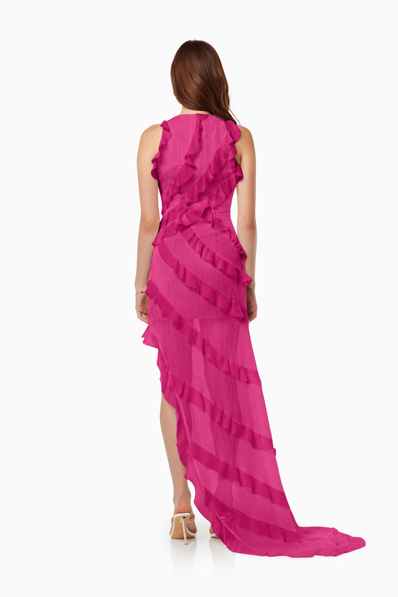 model wearing Debra textured draped sheer gown in pink back shot