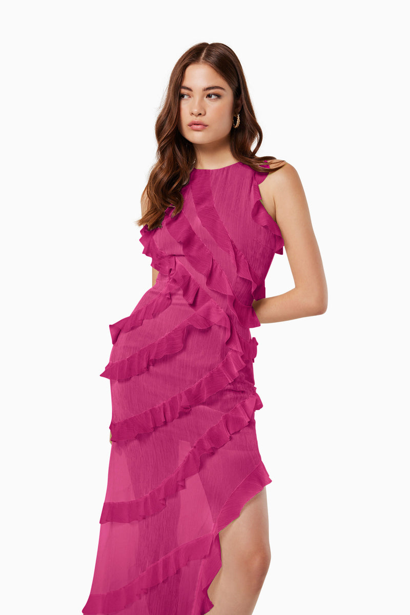 model wearing Debra textured draped sheer gown in pink close up shot