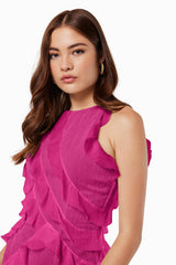 model wearing Debra textured draped sheer gown in pink close up shot