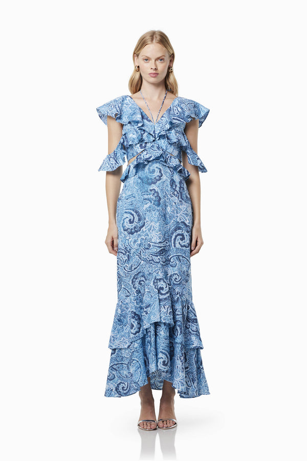 SNOW PRINTED LINEN MAXI GOWN IN BLUE