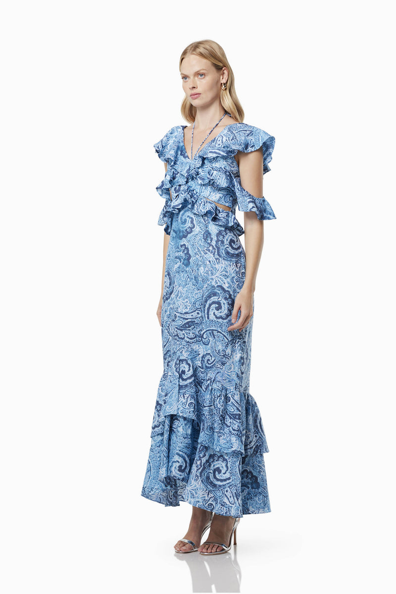 Model wearing SNOW PRINTED LINEN MAXI GOWN IN BLUE front shot