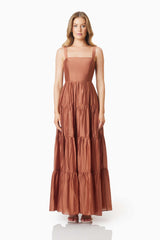 model wearing Fauna Resortwear Maxi Dress In Brown front shot