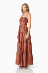 model wearing Fauna Resortwear Maxi Dress In Brown side shot