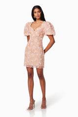 model is wearing ARLES FITTED MINI DRESS IN PINK front shot