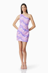 Brunette model wearing the Vonni One Shoulder Mini Dress in Purple posed shot 