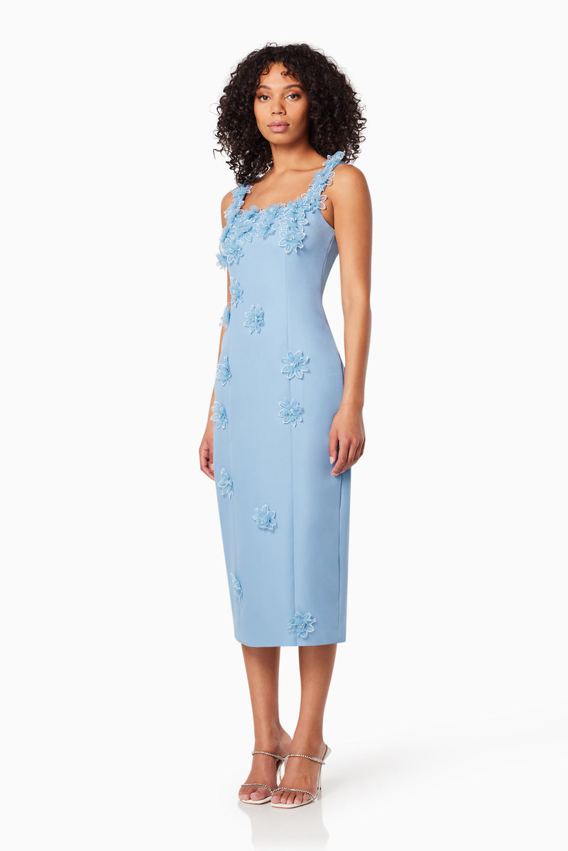 Prague 3D Floral Midi Dress In Blue