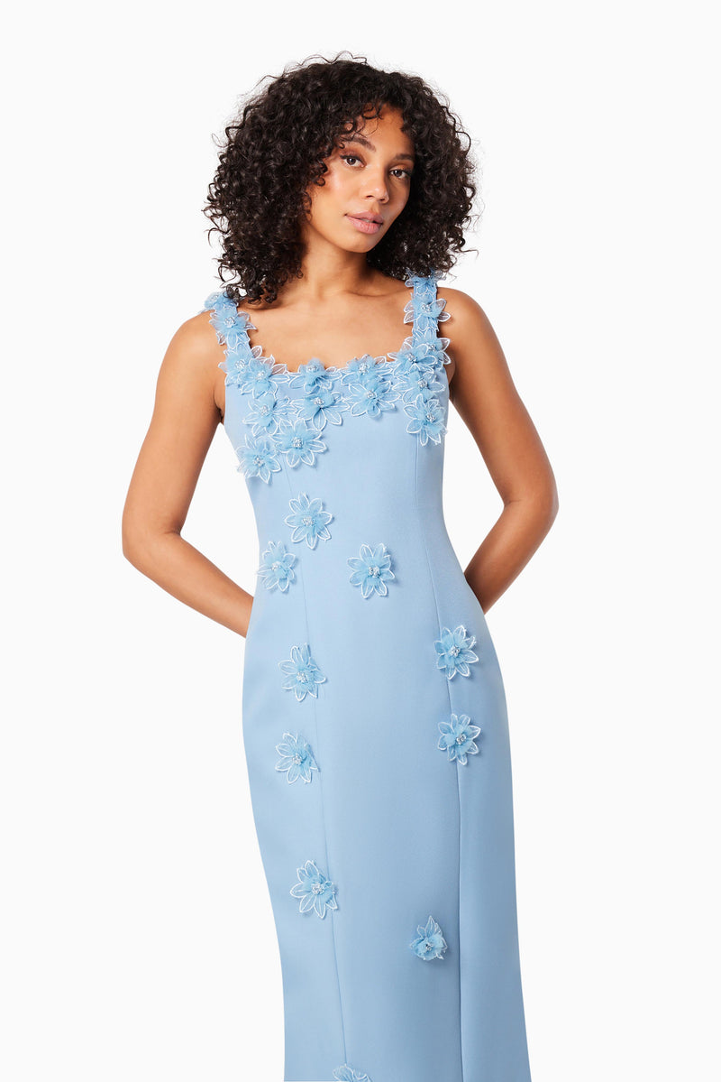 Prague 3D Floral Midi Dress In Blue