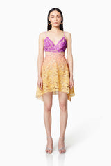 Brunette model wearing VICE OMBRE LACE MINI DRESS IN MULTI front shot