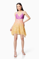 Brunette model wearing VICE OMBRE LACE MINI DRESS IN MULTI front shot