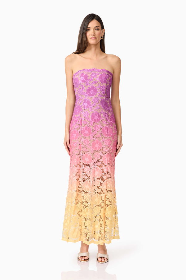 Model wearing MESMERIZING OMBRE LACE MAXI DRESS IN MULTI front shot