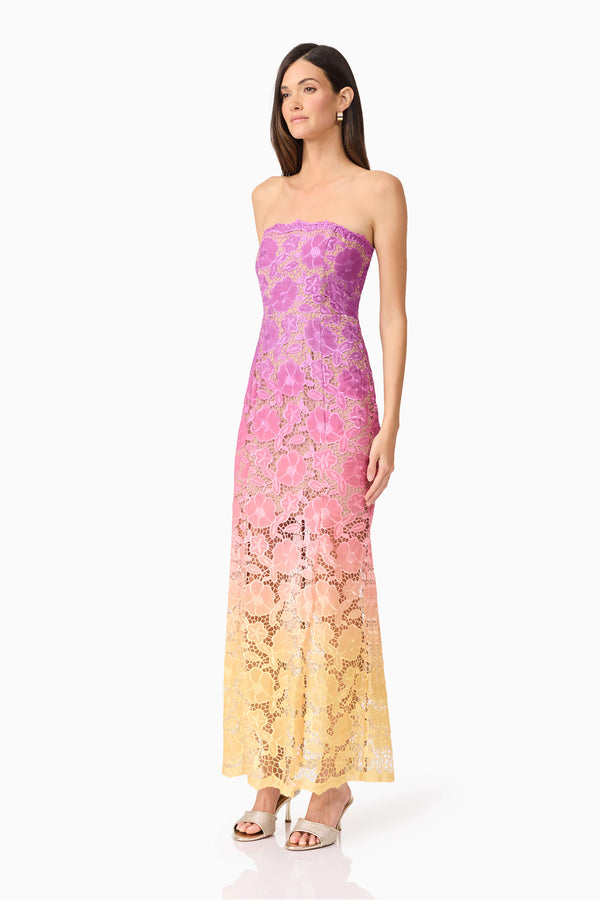 Model wearing MESMERIZING OMBRE LACE MAXI DRESS IN MULTI side shot