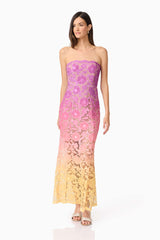 Model wearing MESMERIZING OMBRE LACE MAXI DRESS IN MULTI movement shot