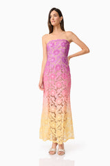 Model wearing MESMERIZING OMBRE LACE MAXI DRESS IN MULTI side shot