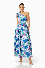 BROWN HAIR MODEL WEARING ALOHA ONE SHOULDER MIDI DRESS IN MULTI FRONT SHOT