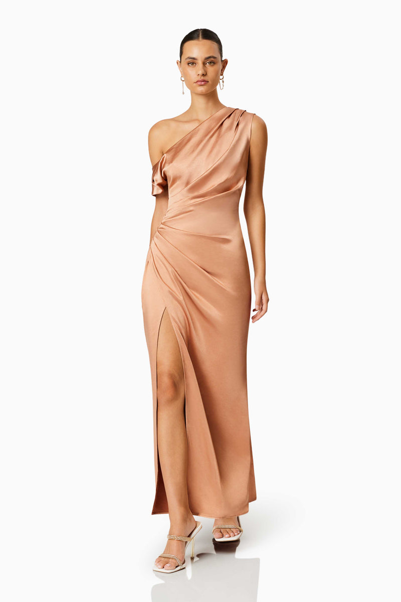 Retreat One Shoulder Satin Maxi Dress