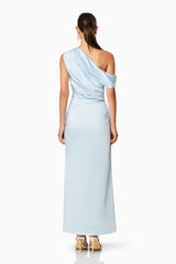 BROWN HAIR MODEL WEARING RETREAT MAXI DRESS IN LIGHTBLUE BACK SHOT