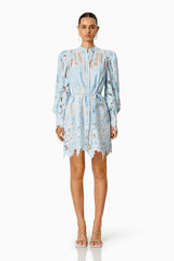 BROWN HAIR MODEL WEARING JETSETTER MINI SHIRT DRESS IN SKYBLUEWHITE FRONT SHOT