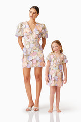 Female model posing with a child model wearing Anthea Embroidered Dress in Purple posed shot