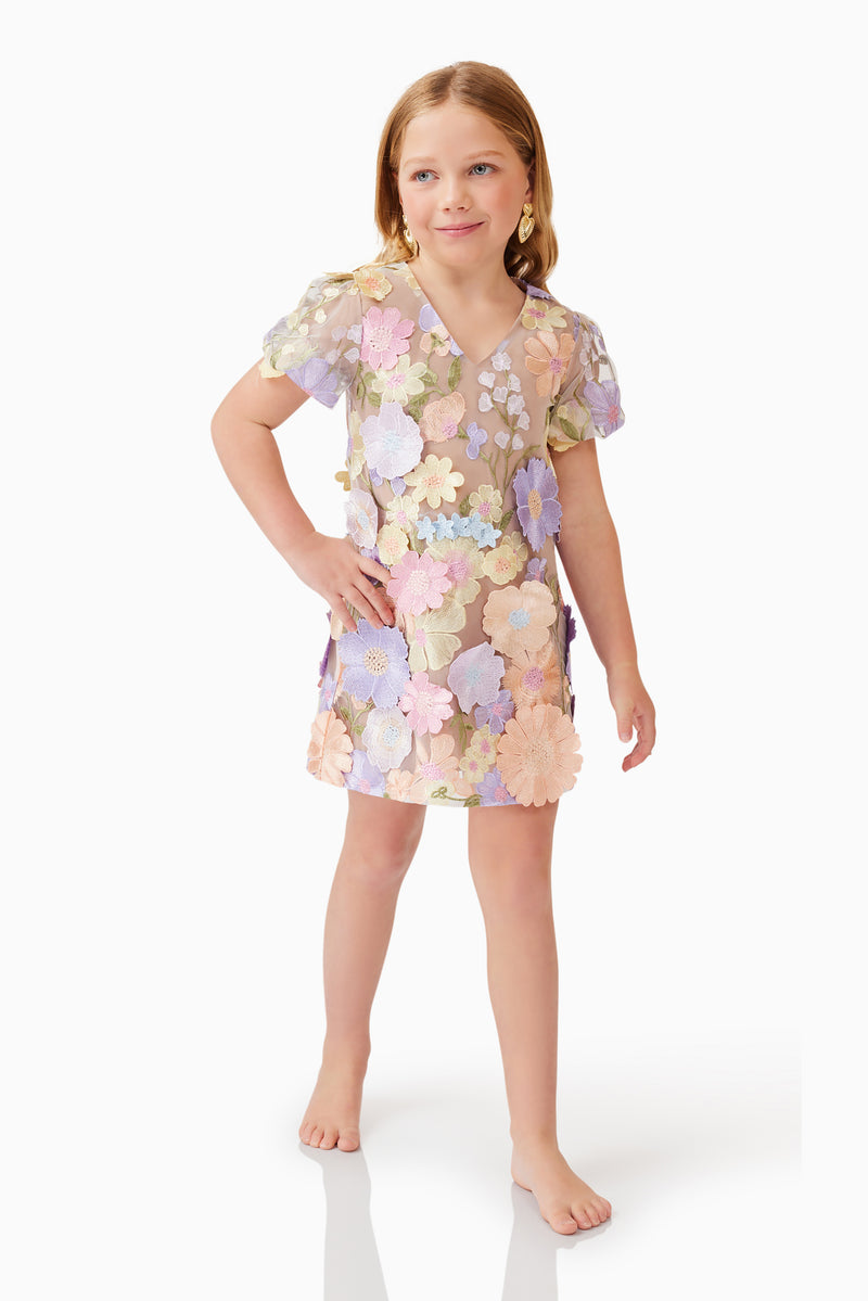 Blonde model wearing Anthea Embroidered Girls Dress in Purple posed shot