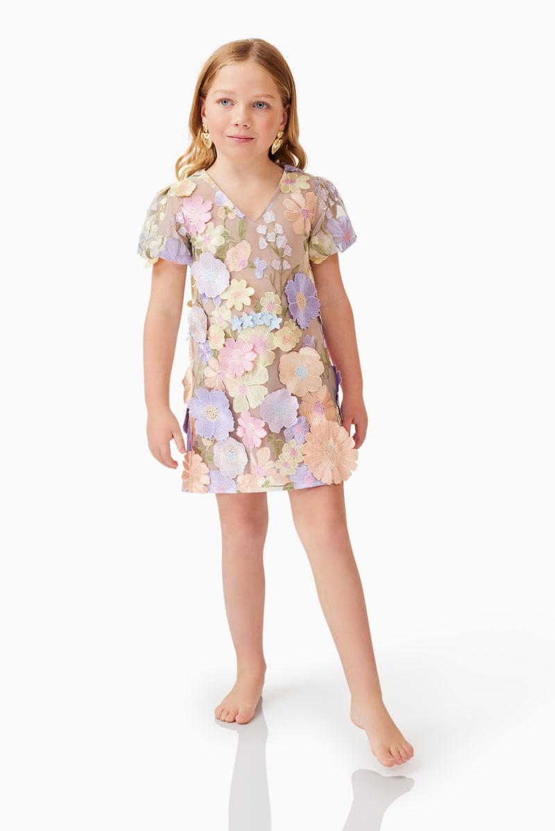 Blonde model wearing Anthea Embroidered Girls Dress in Purple front posed shot