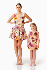 Female model posing with child model wearing Rosalind Dress in Floral front posed shot