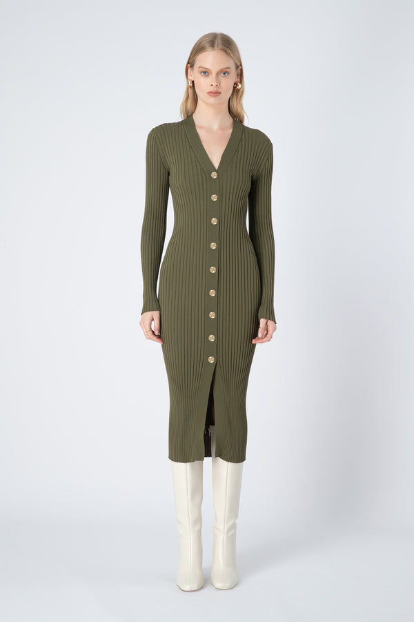 Noel Long Sleeve Rib Knit Midi Dress in Green