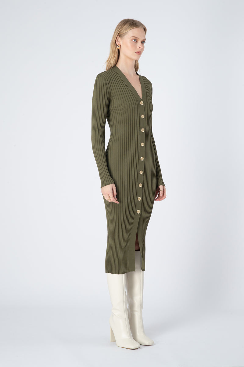 Noel Long Sleeve Rib Knit Midi Dress in Green