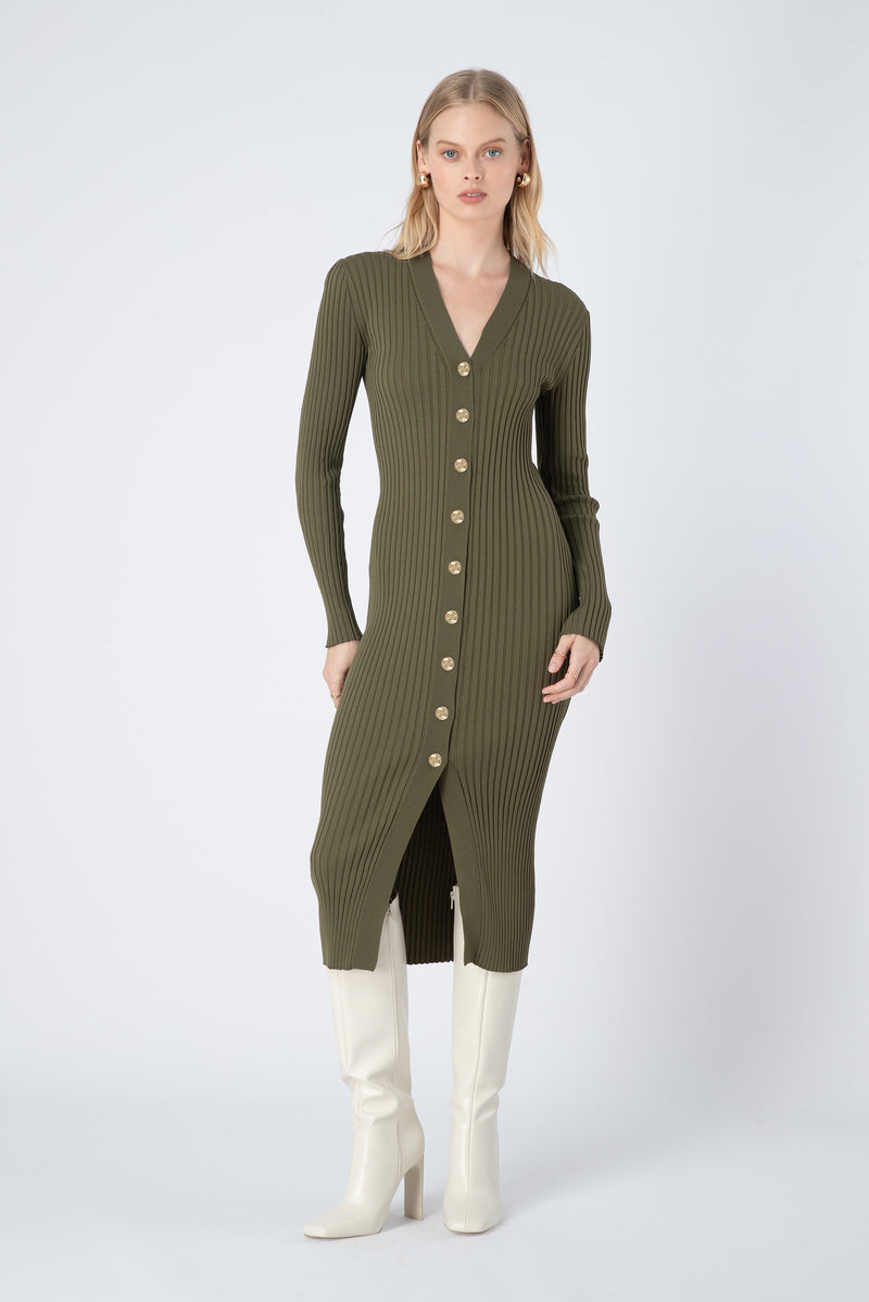 Noel Long Sleeve Rib Knit Midi Dress in Green