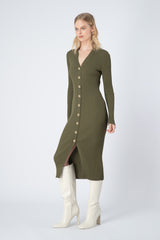 Noel Long Sleeve Rib Knit Midi Dress in Green