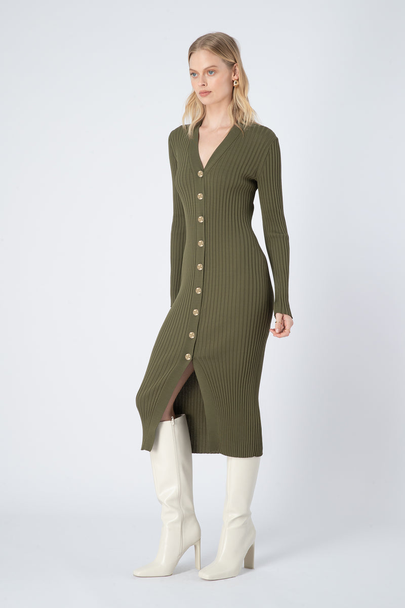 Noel Long Sleeve Rib Knit Midi Dress in Green