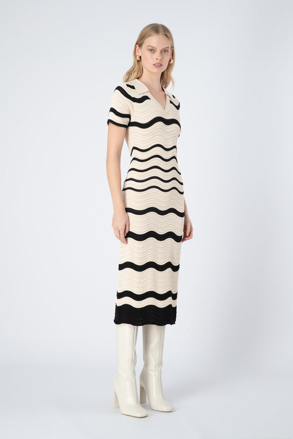 Maia Midi Dress in Black & White Stripe