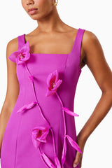 model wearing Bethany Mini Party Dress In Purple close up shot