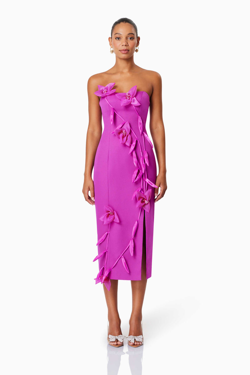 model wearing Bethany Strapless Floral Midi Dress In Purple front shot