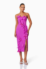 model wearing Bethany Strapless Floral Midi Dress In Purple front shot