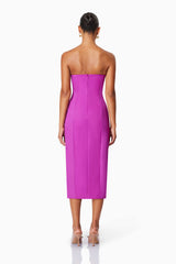 model wearing Bethany Strapless Floral Midi Dress In Purple back shot