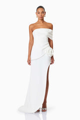 Model wearing Bethany Off The Shoulder Maxi Gown In White front shot