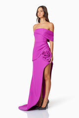 model wearing Bethany Off The Shoulder Maxi Gown In Purple side shot