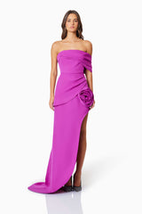 model wearing Bethany Off The Shoulder Maxi Gown In Purple front shot