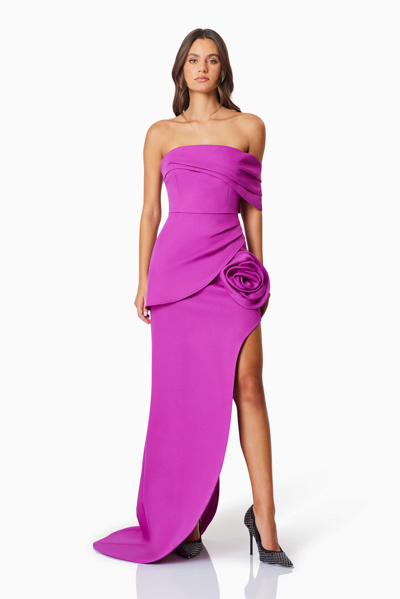 model wearing Bethany Off The Shoulder Maxi Gown In Purple front shot