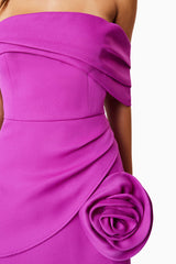 model wearing Bethany Off The Shoulder Maxi Gown In Purple close up shot