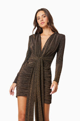 model wearing Nalani Long Sleeve Mini Dress In Brown front shot