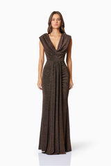 model wearing Nalani Fitted Maxi Dress In Brown front shot