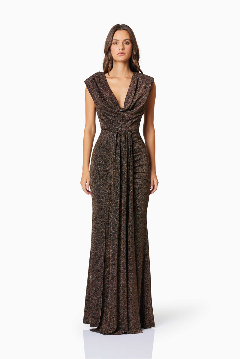 model wearing Nalani Fitted Maxi Dress In Brown front shot