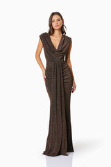 model wearing Nalani Fitted Maxi Dress In Brown front shot